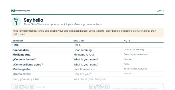 Day 1 of the printable plan: eight greeting phrases, QR codes for the audio, the dialogue, listening questions, a speaking task and recall prompts (preview: top of the page only)