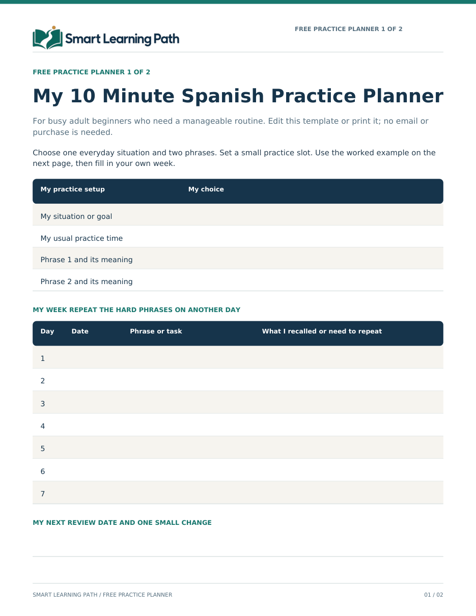 First page of the 10 Minute Practice Planner