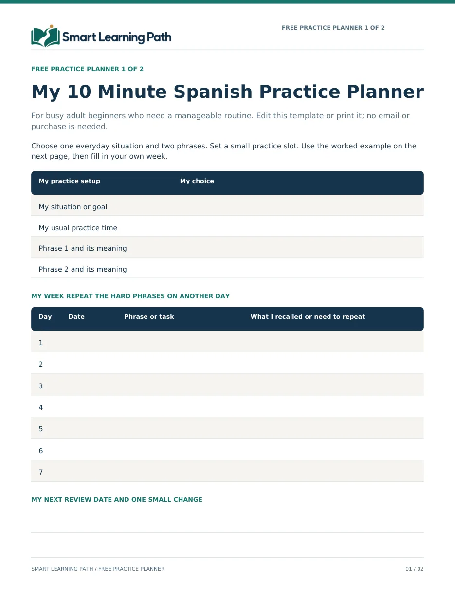 Page 1 of the 10 Minute Practice Planner: a blank weekly template for read and say, cover and recall, role play and notes
