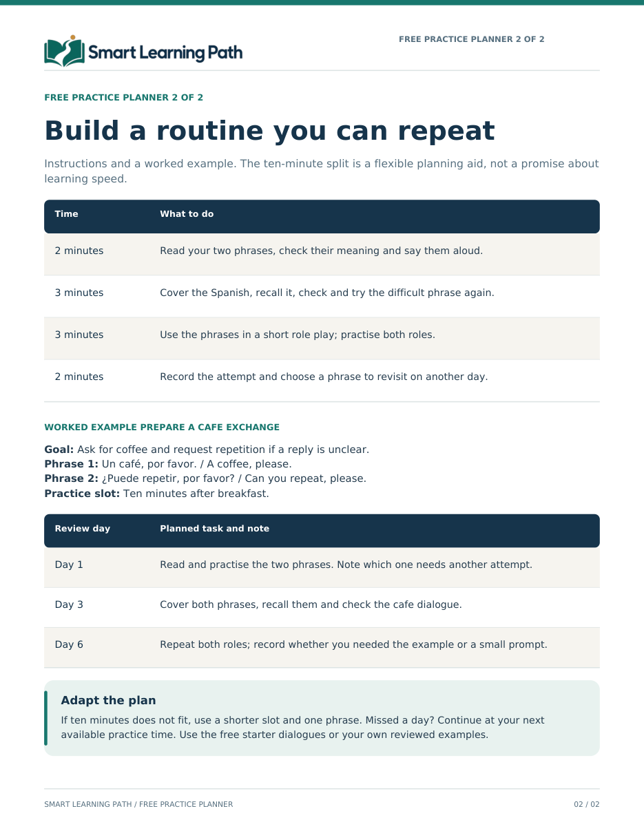Planner page 2: a ten-minute routine table, a worked café example and three review days